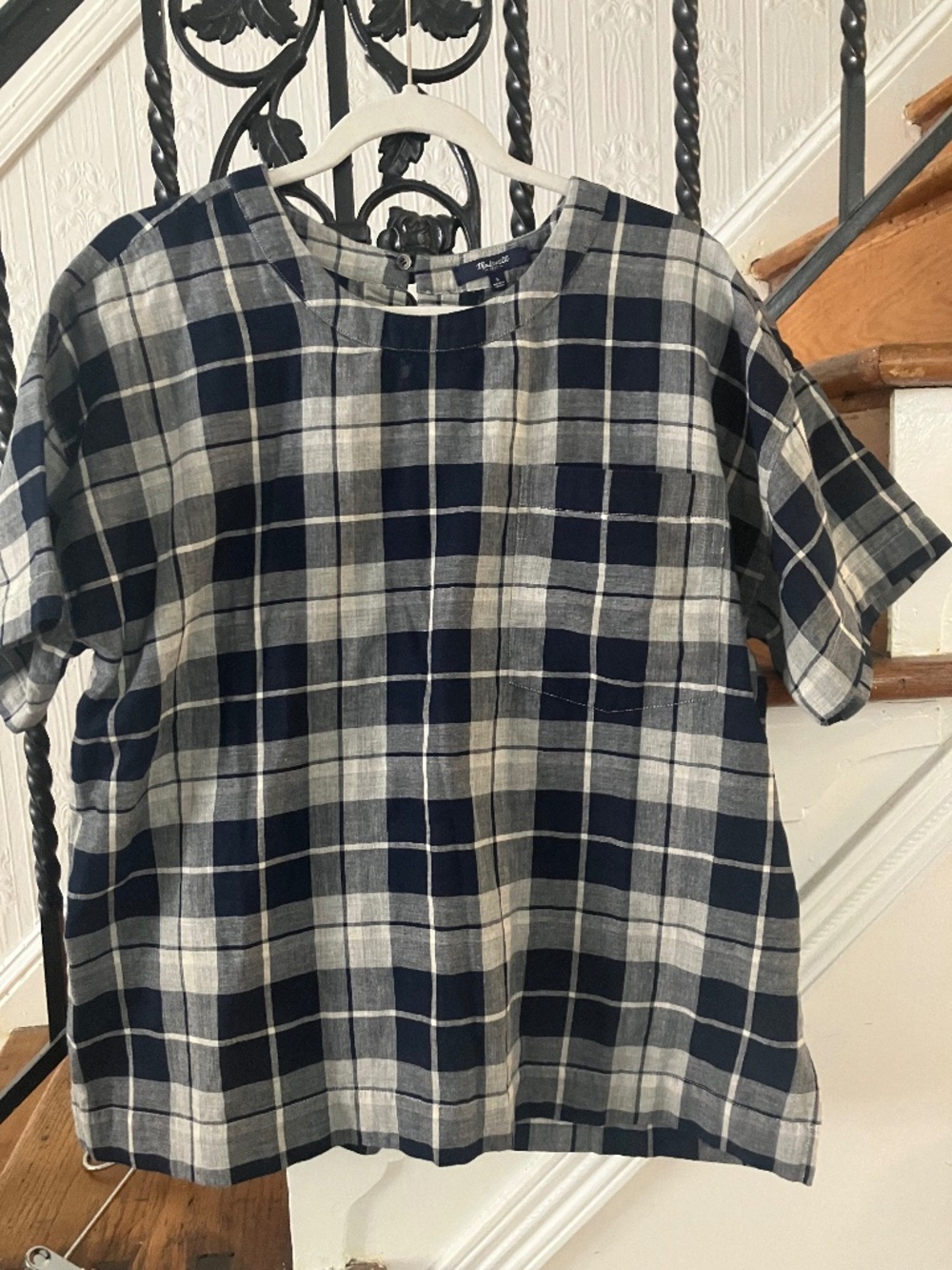 NWOT Madewell navy blue plaid crewneck top shirt blouse size L large